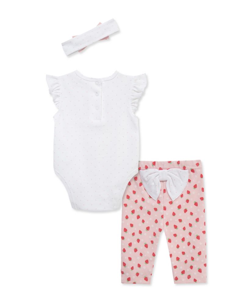Baby Girls' Strawberry Printed Bodysuit, Leggings and Headband, 3-Piece Set