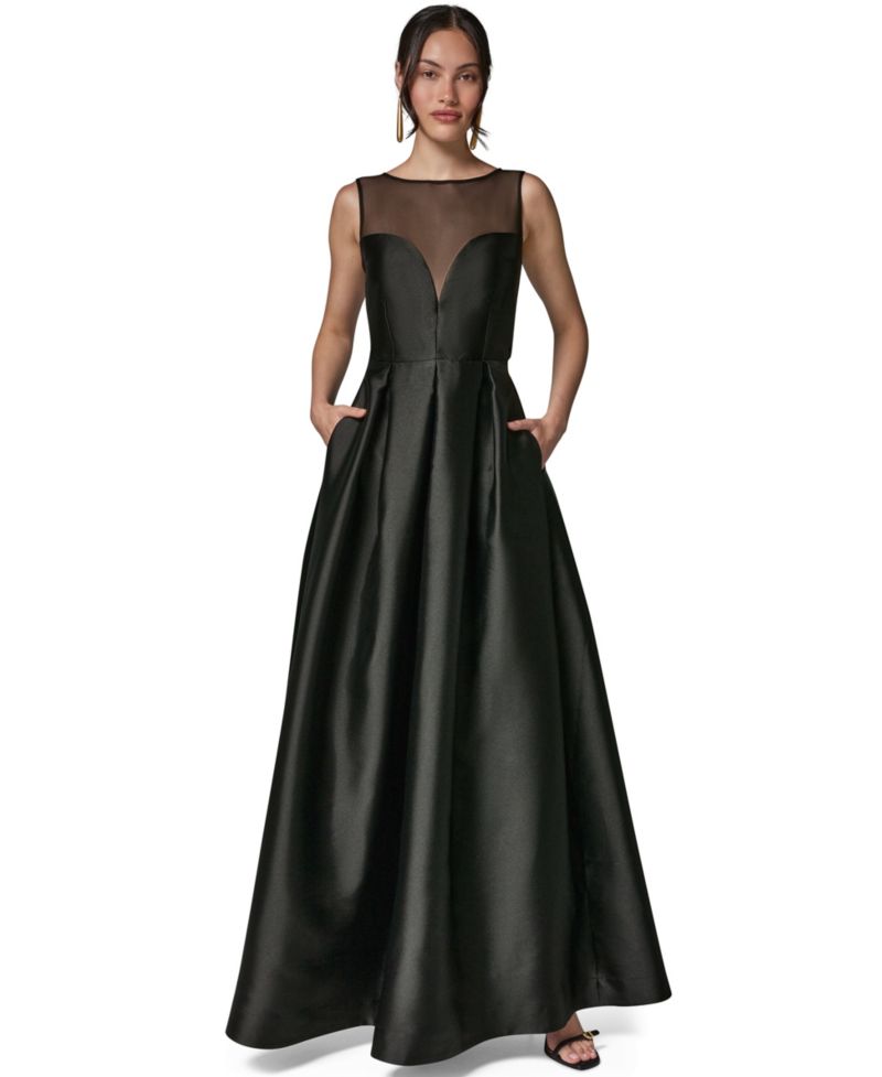Women's Sleeveless Pleated Illusion-Neckline Gown