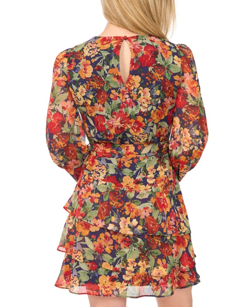 Petite Floral-Print Tiered 3/4-Sleeve Chiffon Dress
