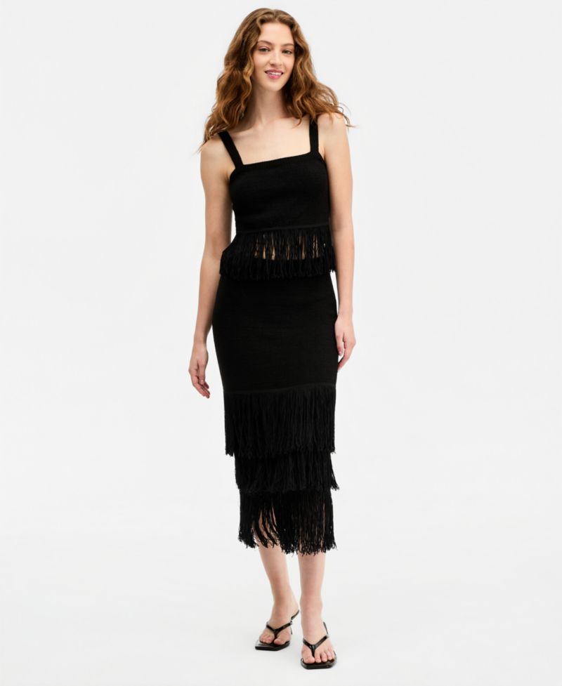 Women's Pull-On Tiered-Fringe Sweater Skirt