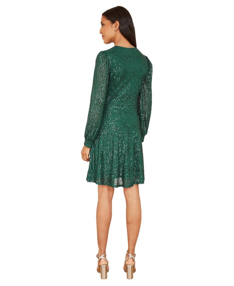 Women's Sequin Long Sleeve Frill Wrap Dress