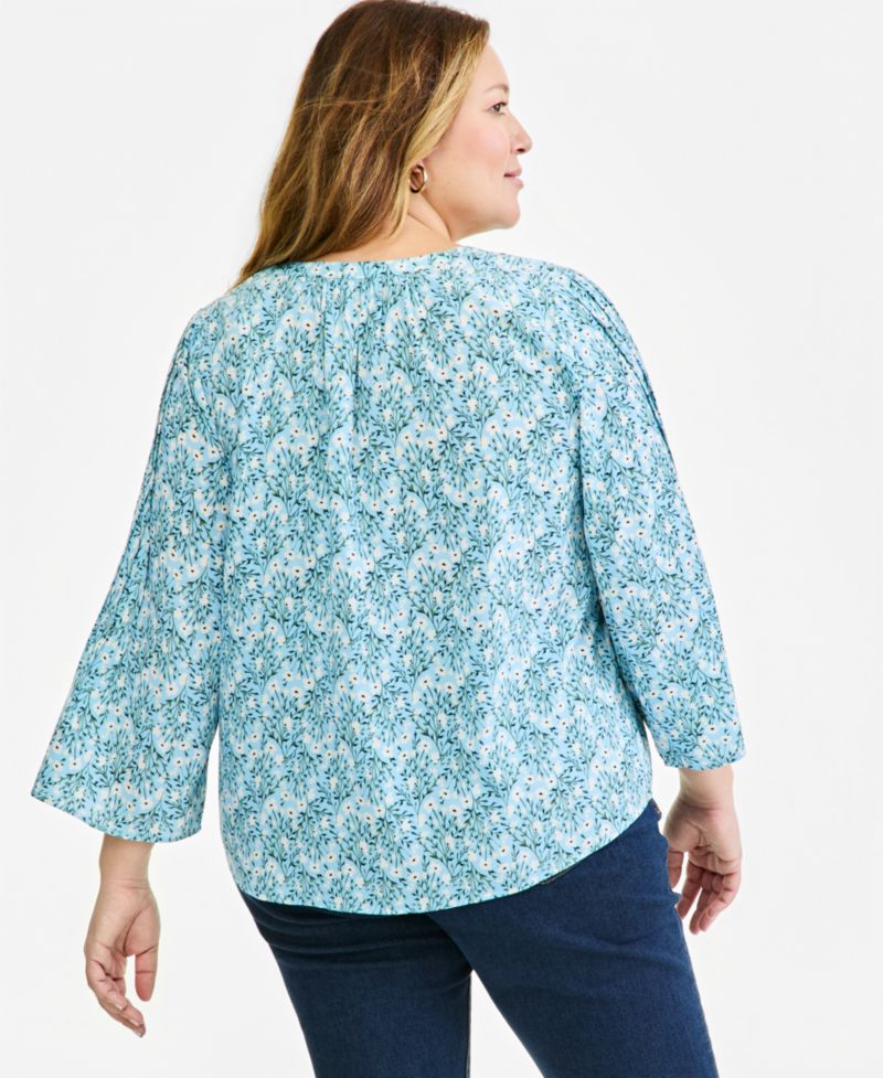 Plus Printed Bell-Sleeve Pintuck Blouse