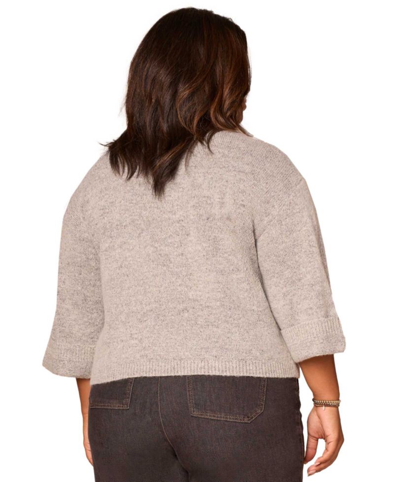 Plus Size Cuffed Long-Sleeve Floral Jacquard Sweater
