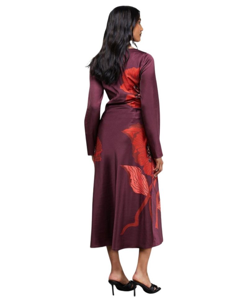 Women's Floral Placement Print Satin Midi Dress