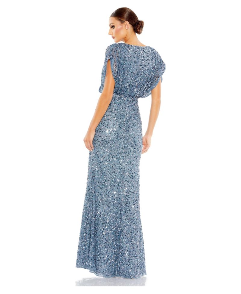 Women's Petite Draped Sleeve V Neck Gown