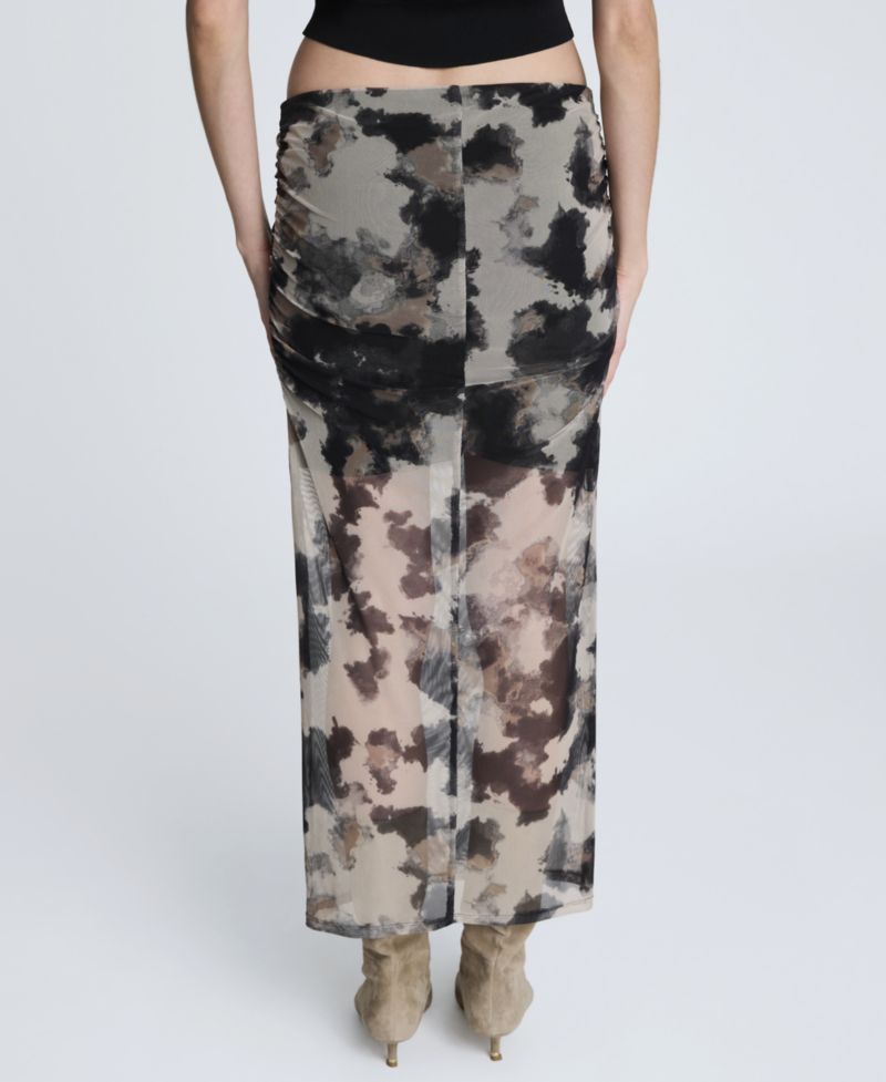 Women's Side Ruched Printed Mesh Midi Skirt