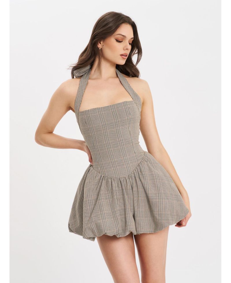 Women's Dacia Plaid Halter Lace-up Bubble Mini Dress
