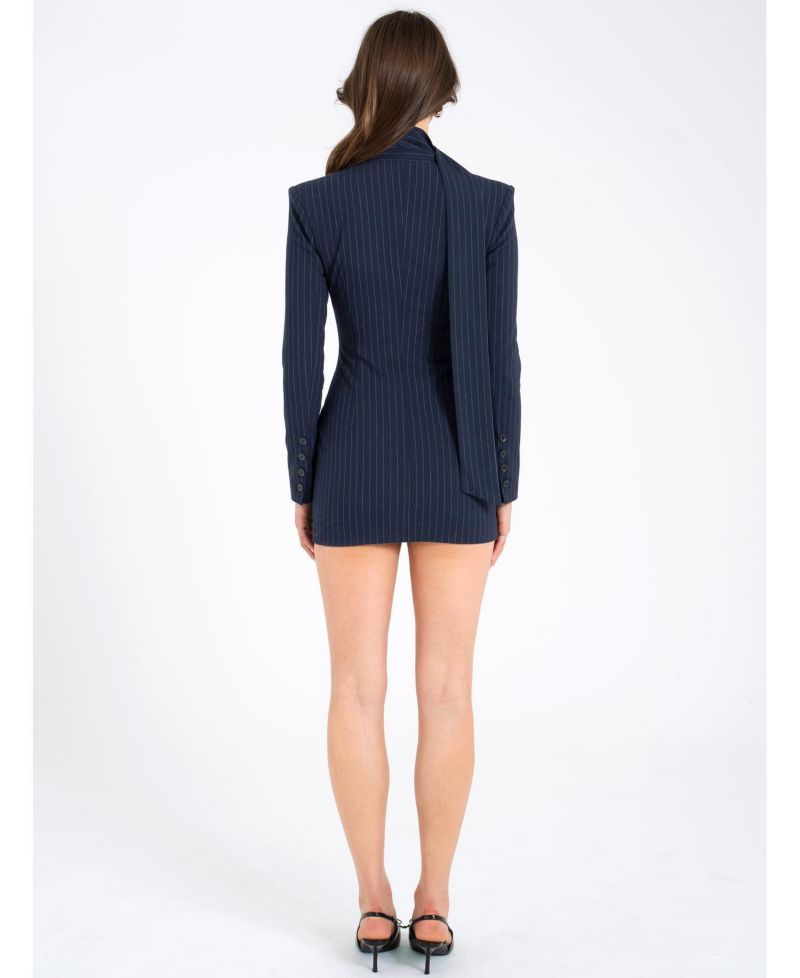 Women's Tahlia Deep V Pinstripes Navy Blue Blazer Dress with scarf collar