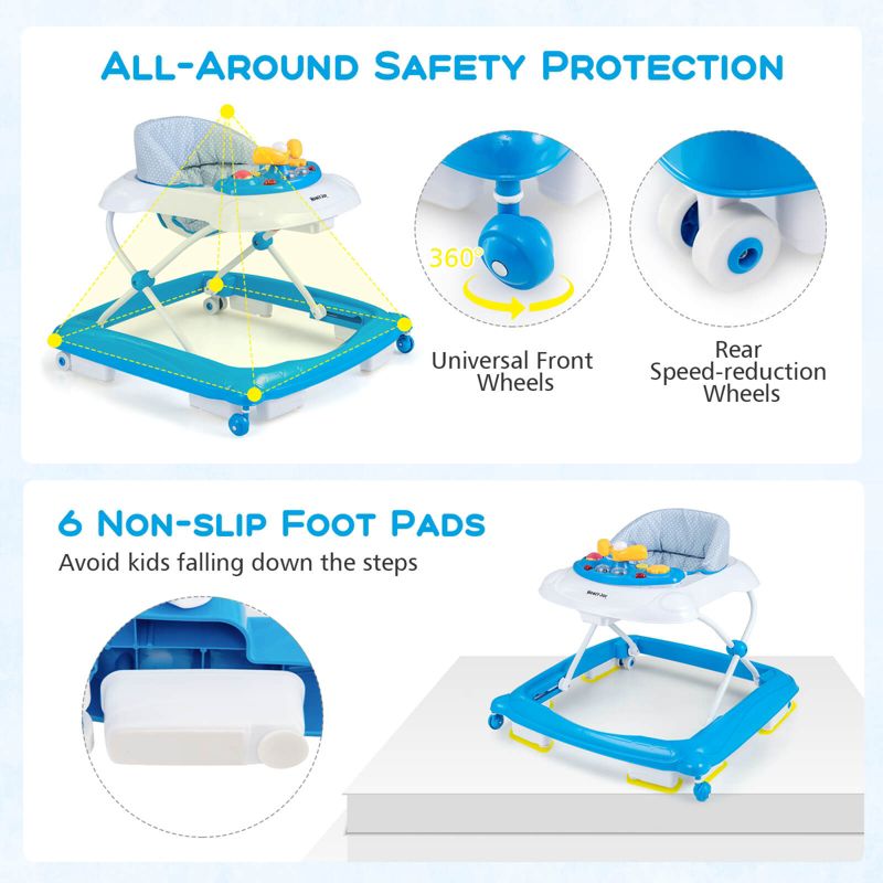 Foldable Baby Walker with 3 Adjustable Heights Comfy Padded Seat