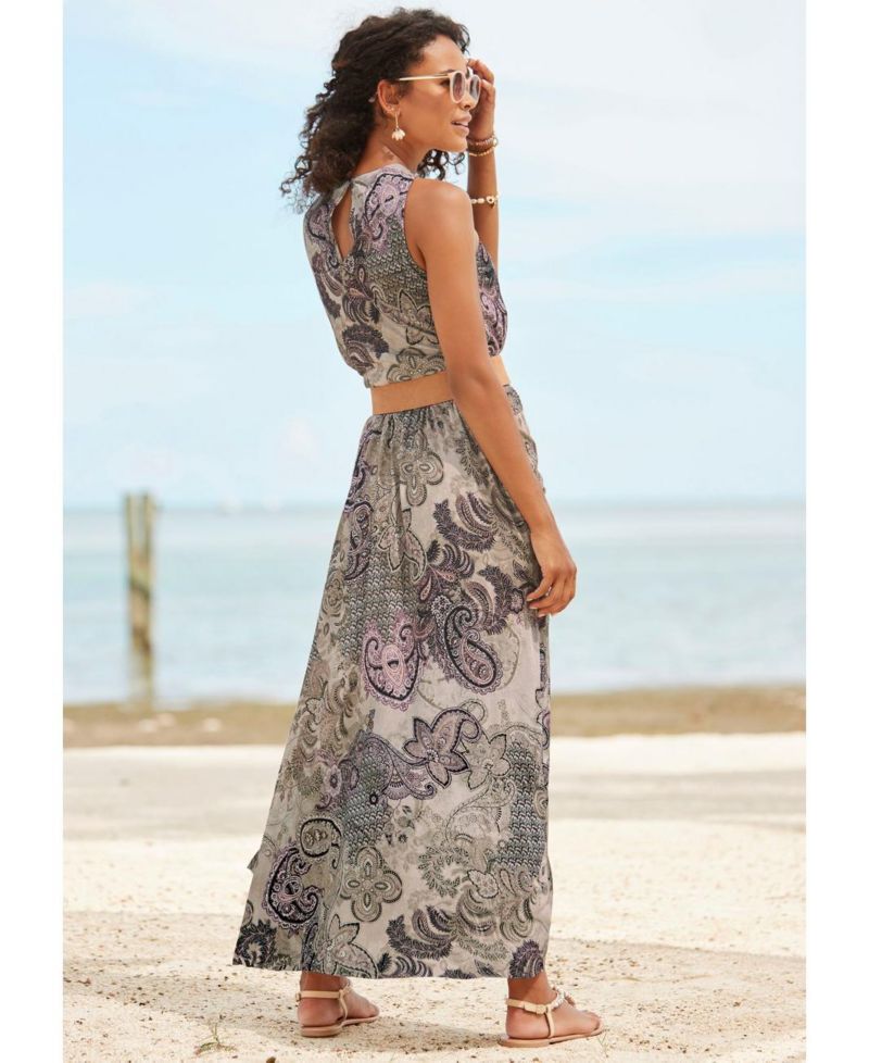 Women's Printed Side-Slit Maxi Dress with Pockets