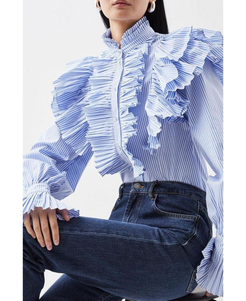 Women's Pleated Striped Ruffle Woven Shirt