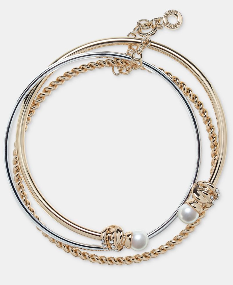 Two-Tone Boxed 3-Pc. Metal Imitation Pearl Bangle Bracelet Set