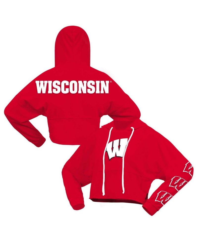 Women's Red Wisconsin Badgers Oversized Cropped Pullover Hoodie