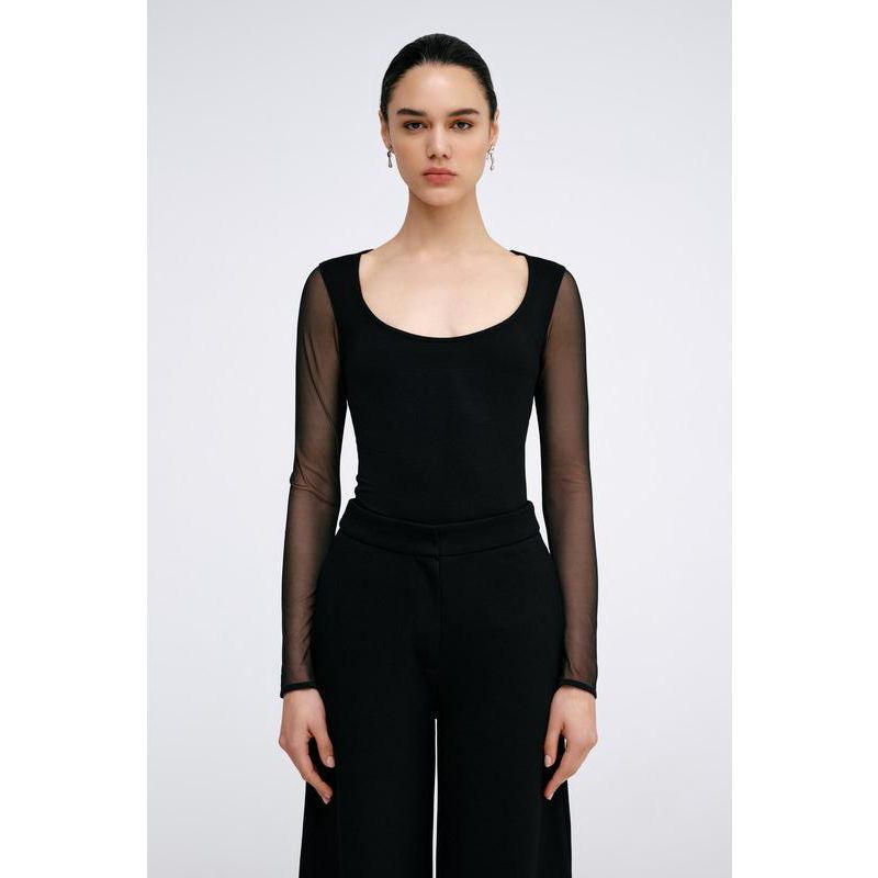 Women's Parisa Jersey-Bodice Long Mesh-Sleeve Fitted Top