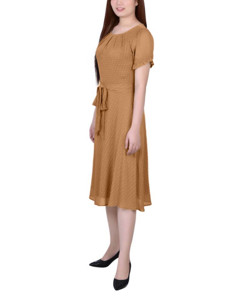 Petite Short Sleeve Belted Swiss Dot Dress