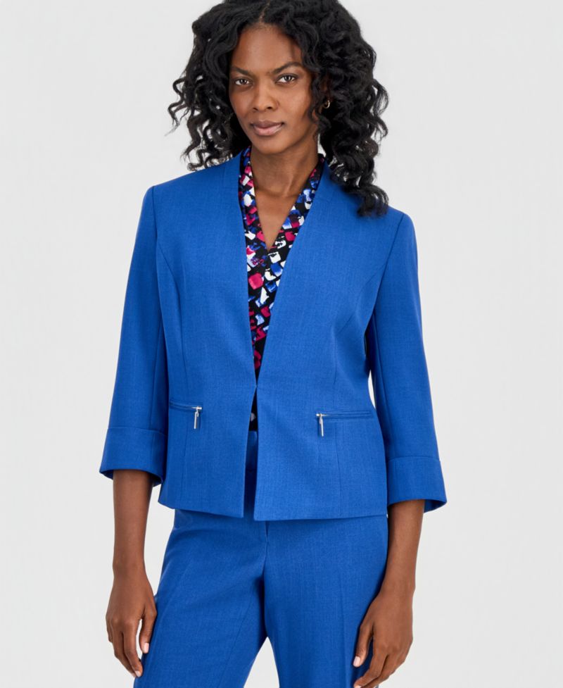 Women's Collarless Zip-Pocket Cuffed-Sleeve Blazer