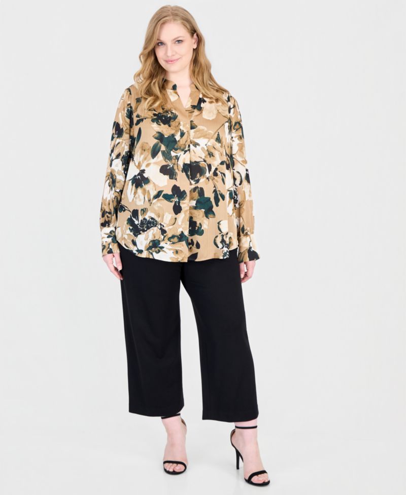 Plus Size Long-Sleeve V-Neck Floral-Print Blouse