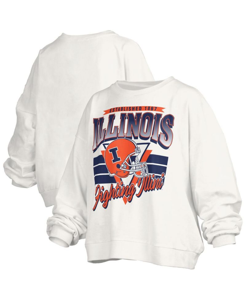 Women's White Illinois Fighting Illini Oversized Janice Retro Waist-Length Pullover Sweatshirt