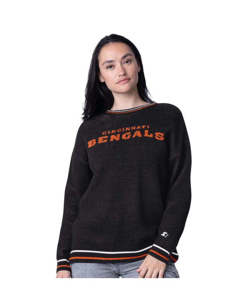 Women's Black Cincinnati Bengals Oversized on the Ball Intarsia Knit Pullover Sweater