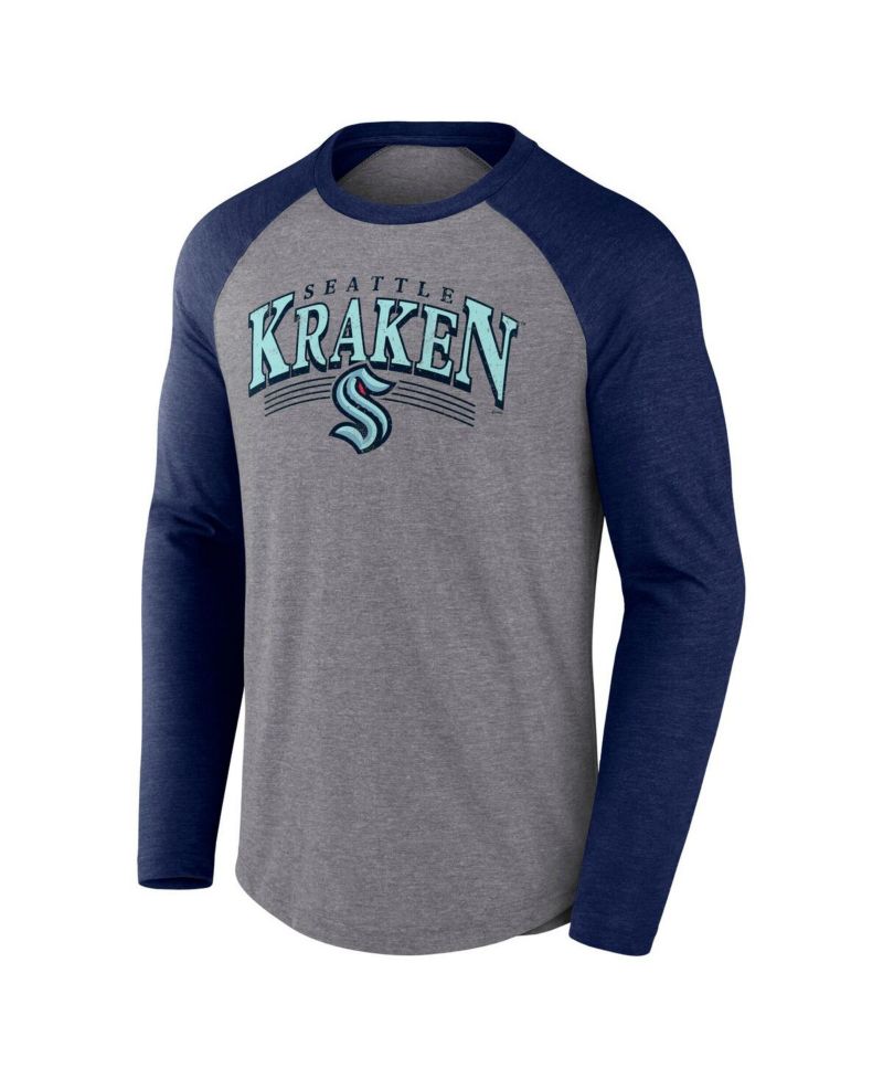 Men's Heather Gray/Heather Deep Sea Blue Seattle Kraken Goal Crease Raglan Tri-Blend Long Sleeve T-Shirt