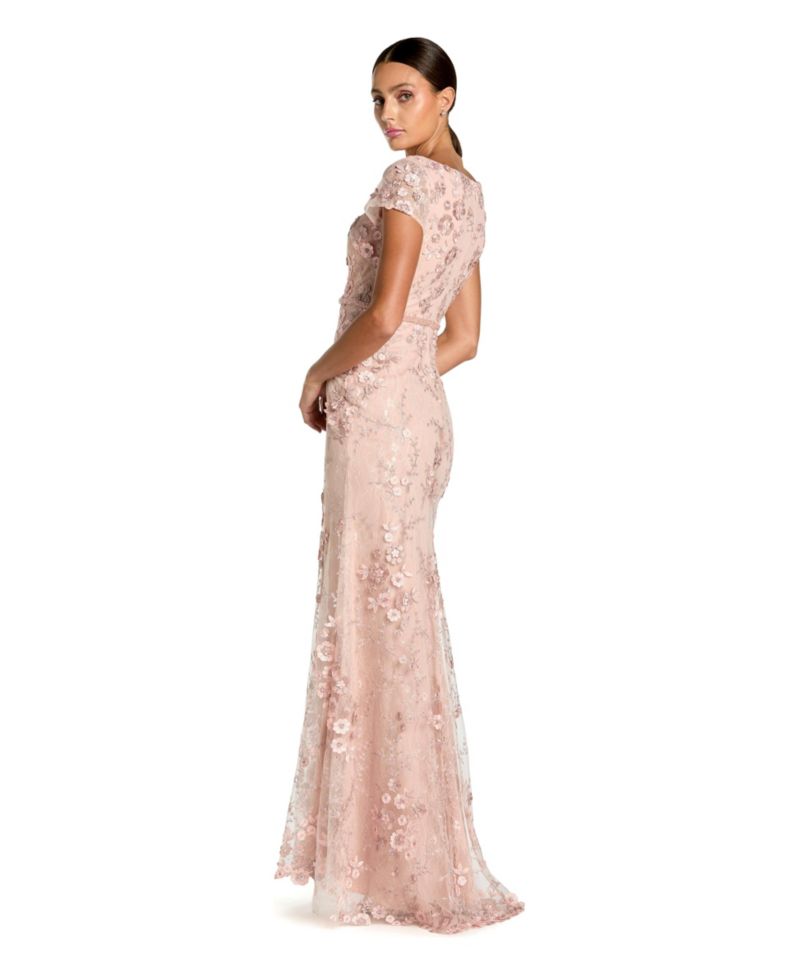 Women's Floral Applique Boat Neck Cap Sleeve Gown