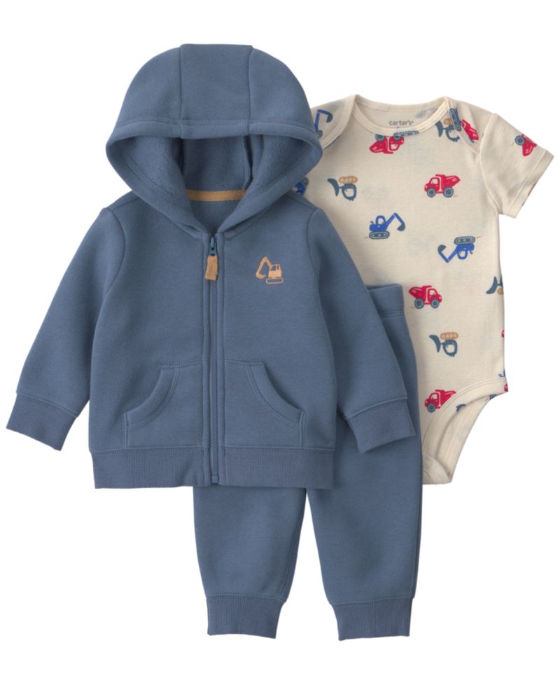 Baby Boys' Construction Fleece Layering Short-Sleeve Bodysuit, Jacket and Pants, 3-Piece Set