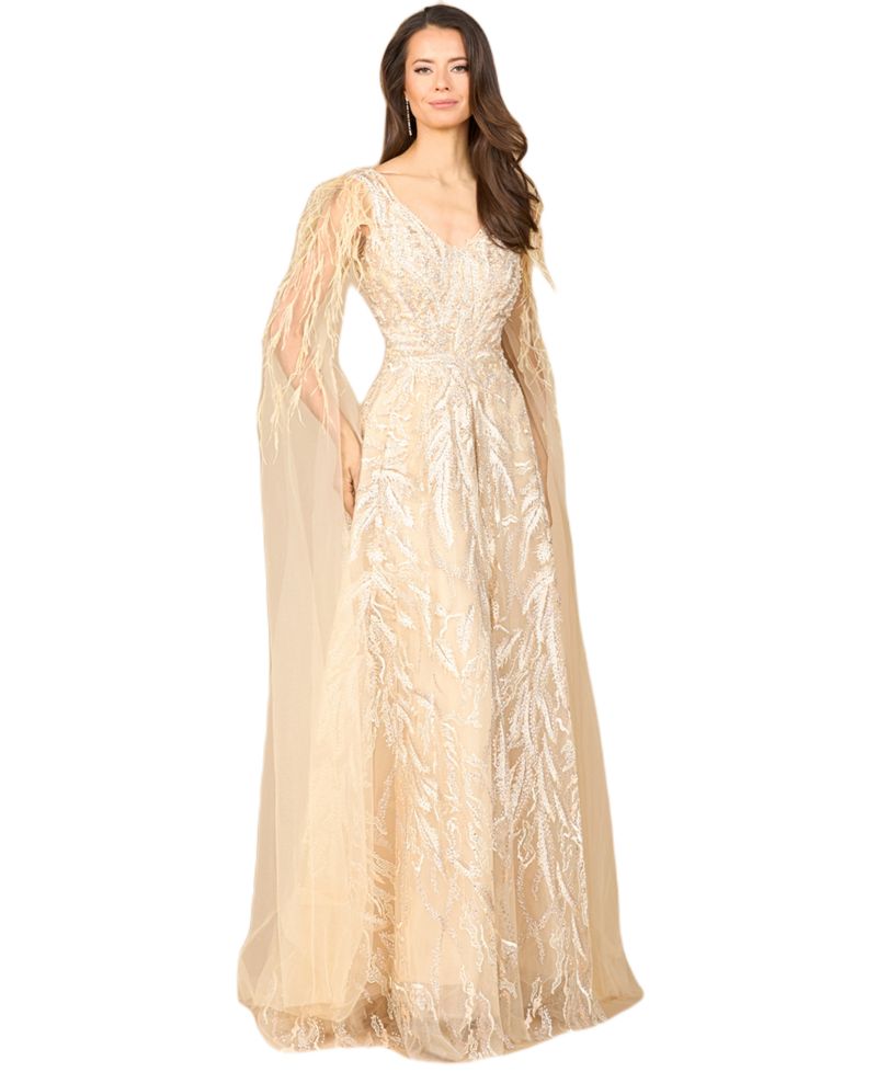 Women's V - Neck Gown with Long Cape Sleeves