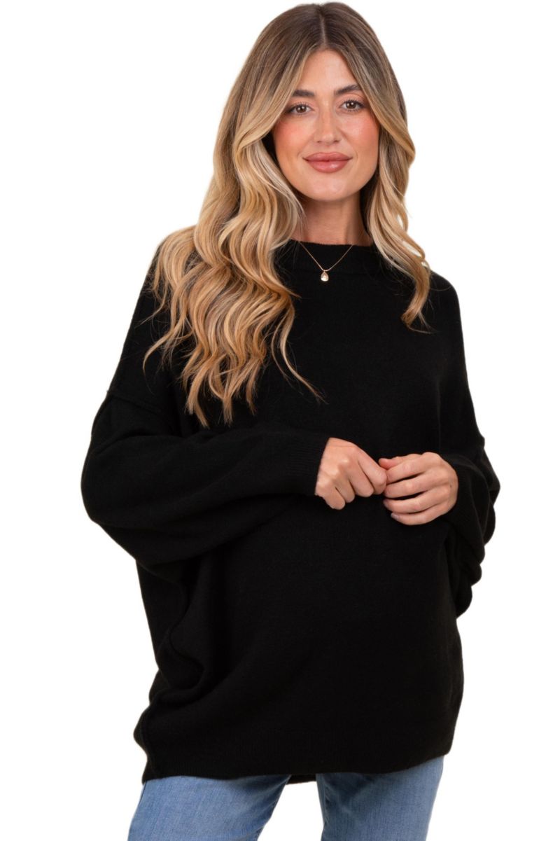 Women's Black Oversized Crewneck Melange Knit Sweater