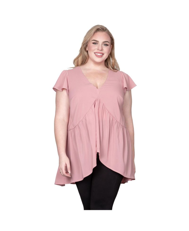Plus Size Deep V-Neck Ruffle Cap Sleeve High-Low Hem Tunic Blouse
