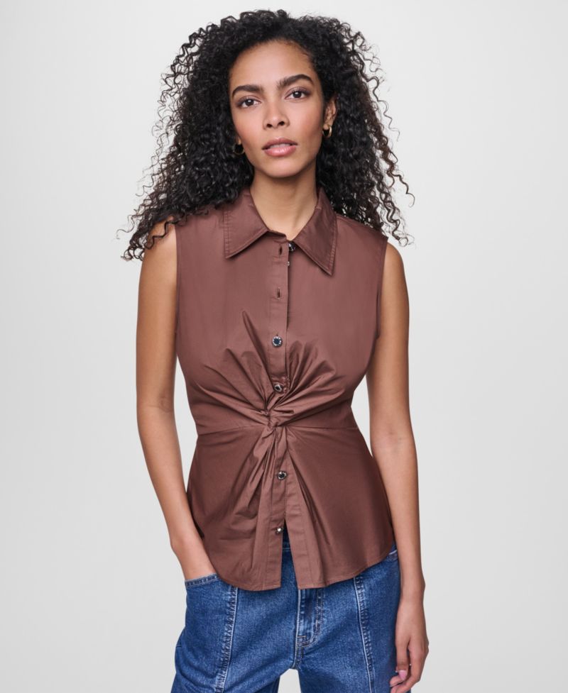 Women's Sleeveless Collared Twist Front Button-Up Shirt