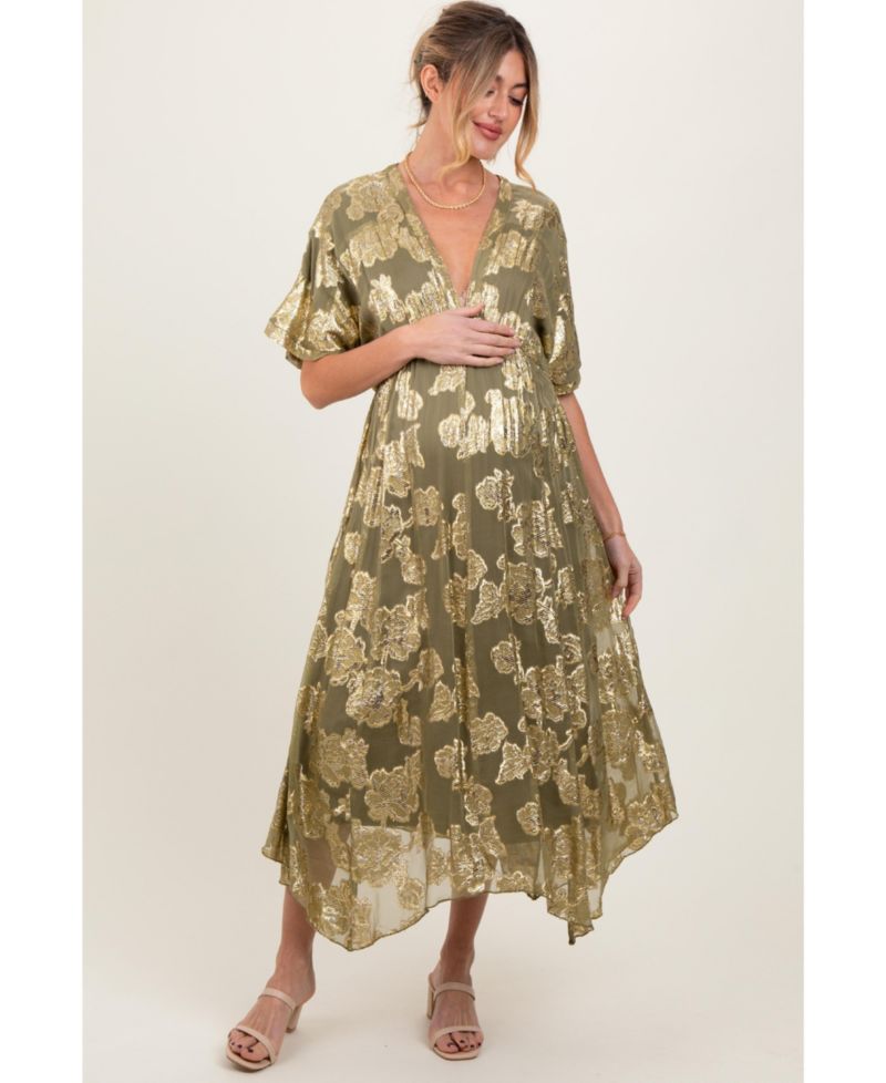 Women's Olive Metallic Floral Jacquard Overlay Maxi Dress