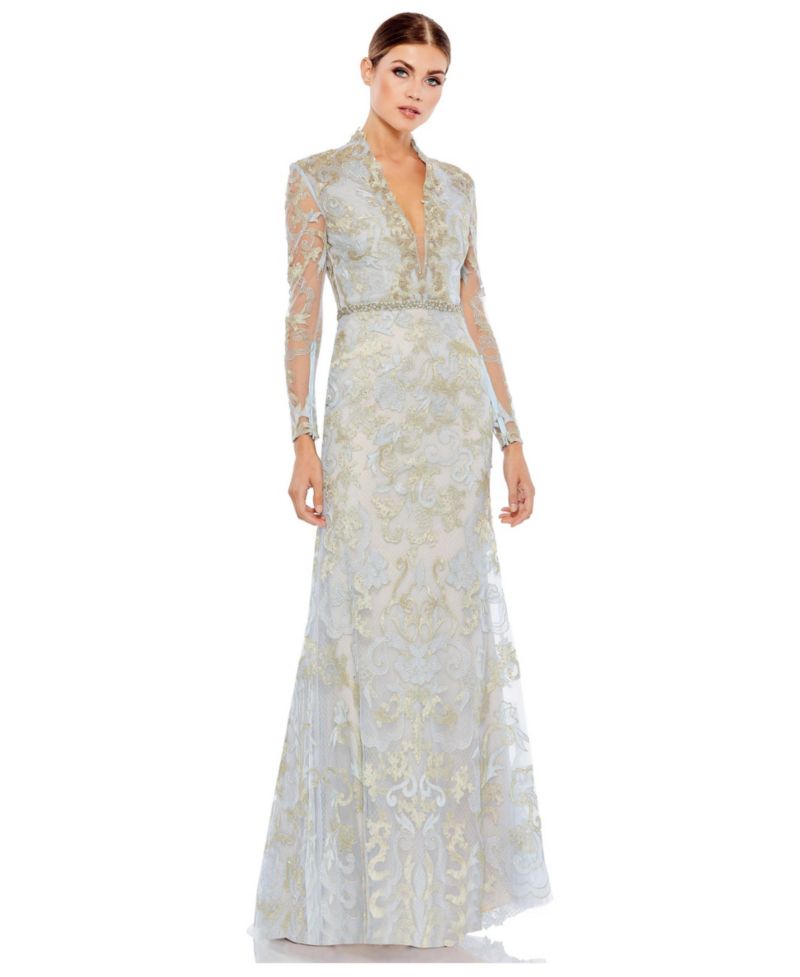 Women's Long Sleeve Applique V-Neck Gown