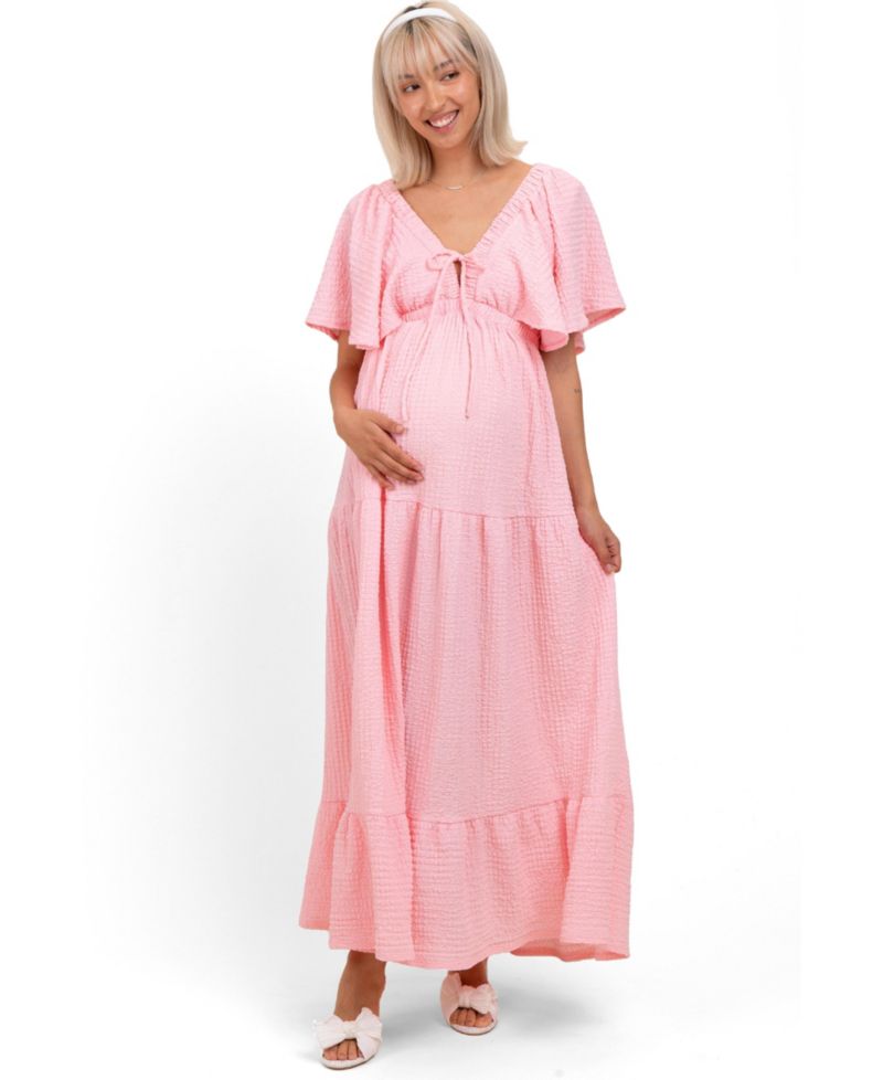 Women's Light Pink Woven Textured Flutter Sleeve V-Neck Tiered Maxi Dress