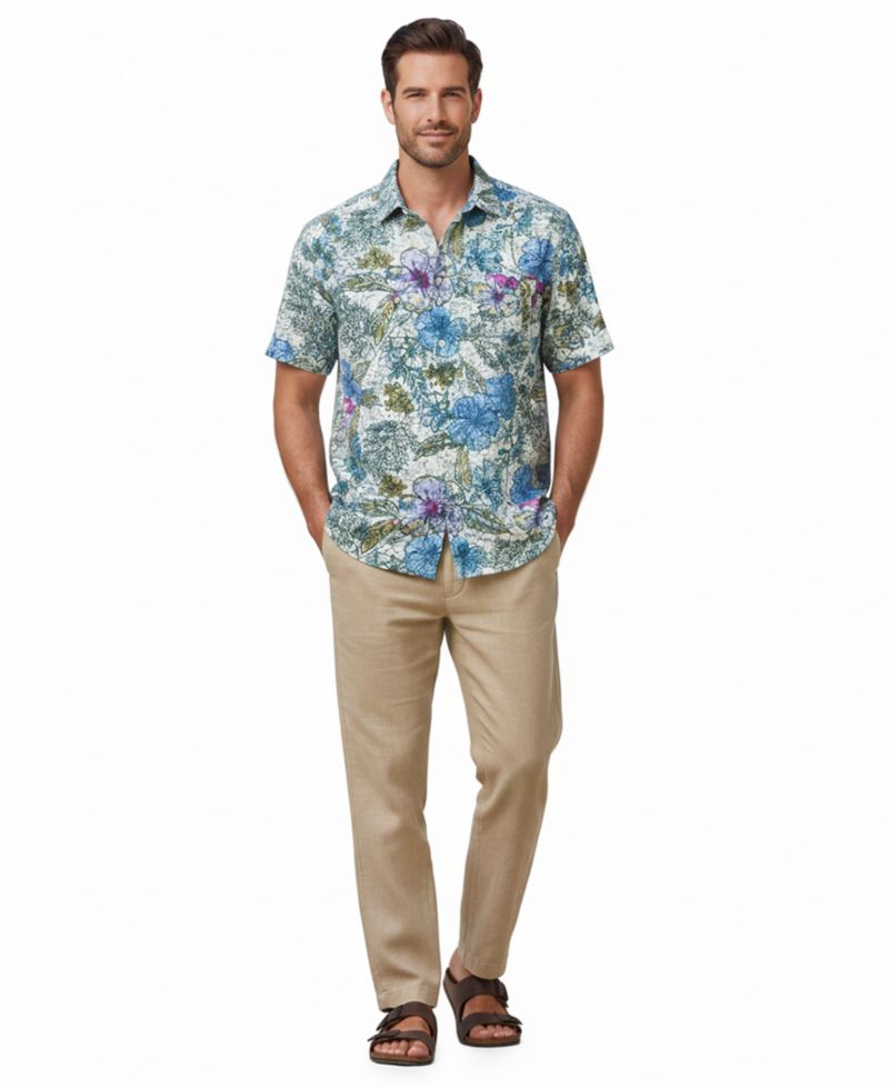 Men's Sand Linen Al Fresco Blooms Short-Sleeve Shirt