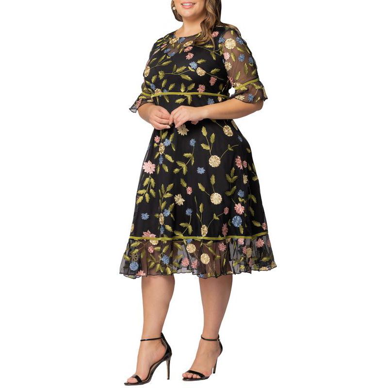 Plus Size Wildflower Embroidered Floral Mesh Cocktail Dress