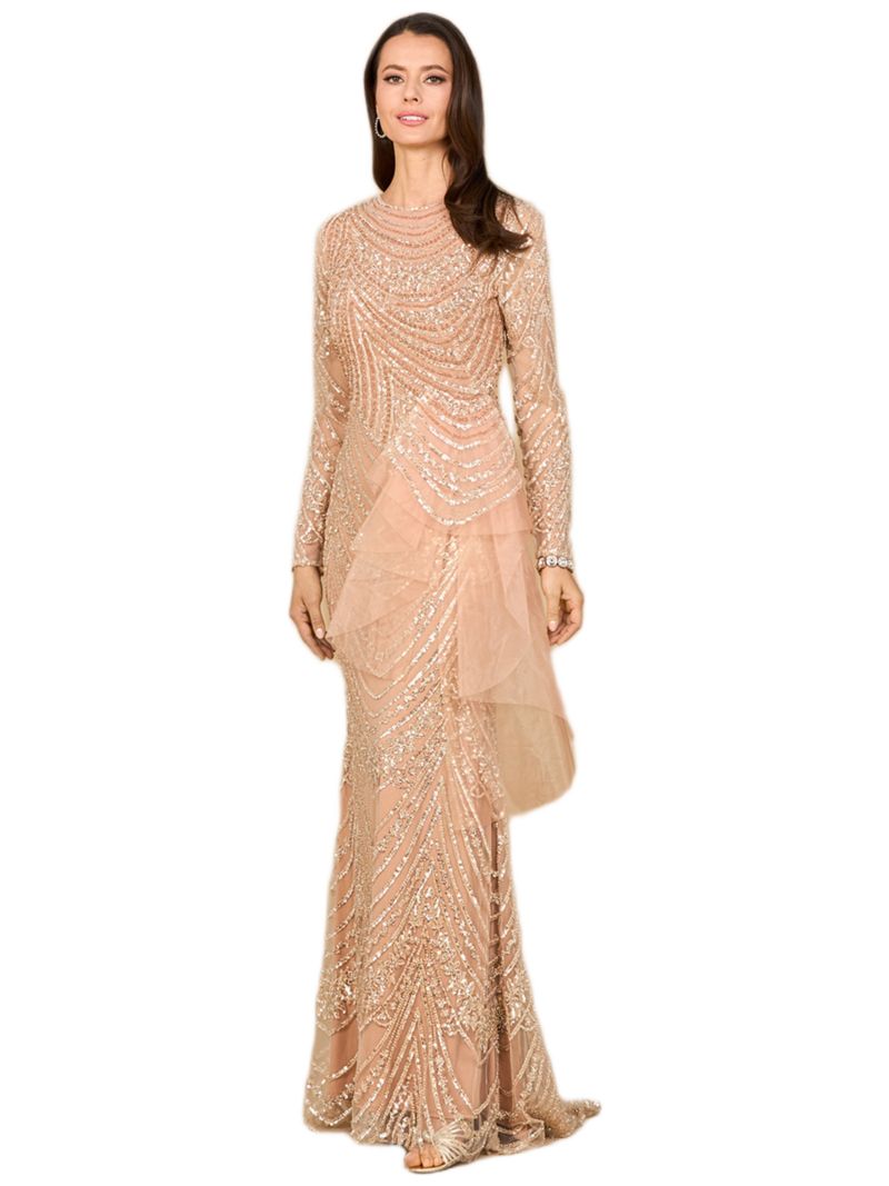 Women's Beaded Long Sleeve Gown with Tulle Applique