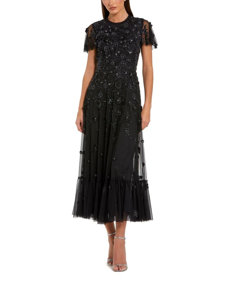Women's Embellished High Neck Cap Sleeve A Line Dress