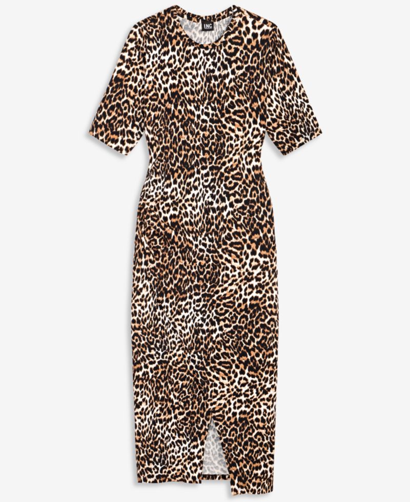Women's Leopard-Print Front Slit Short-Sleeve Midi Dress