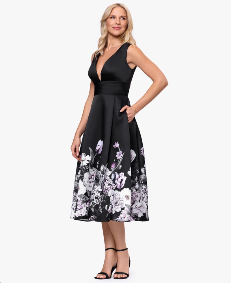 Women's Floral Border V-Neck Midi Dress