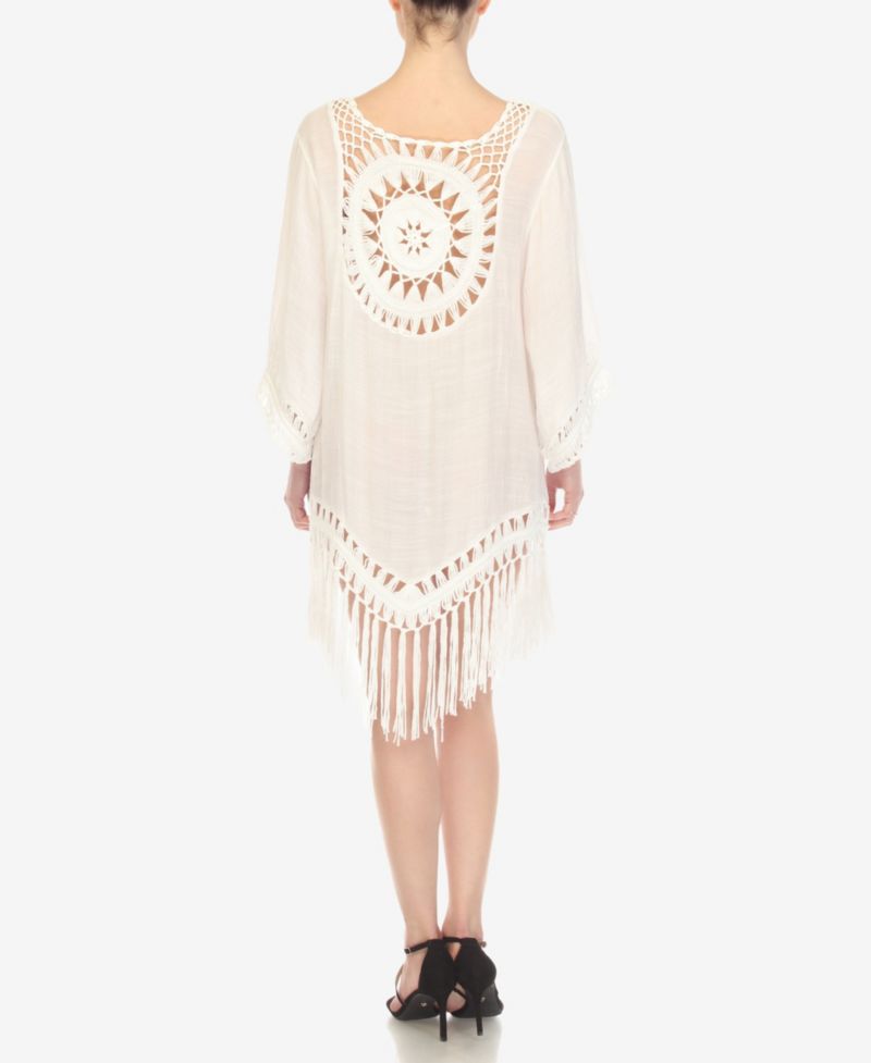 Women's Crocheted Fringed Trim 3/4 Sleeves Cover Up Dress