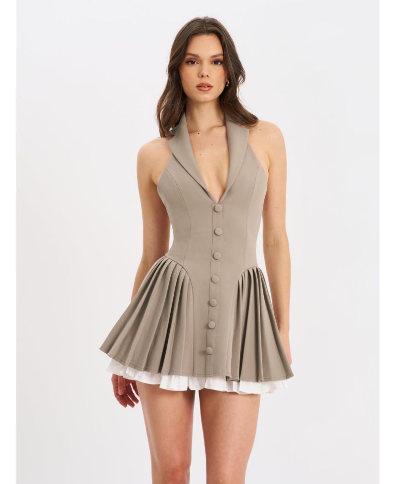 Women's Hazel Brown Preppy Halter Neck Pleated Mini Dress