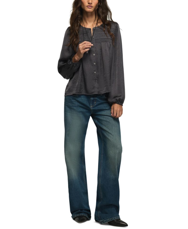 Women's Long-Sleeve Satin Pintuck Blouse