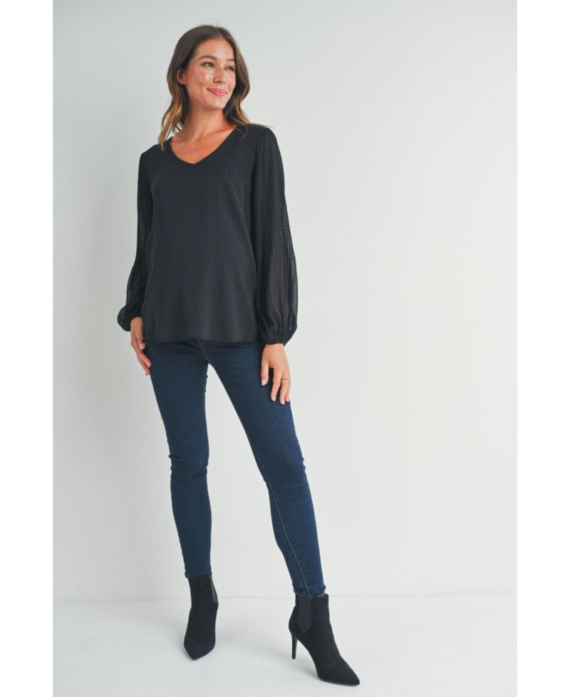 Maternity Flowy Sheer Long Sleeve V Neck Blouse