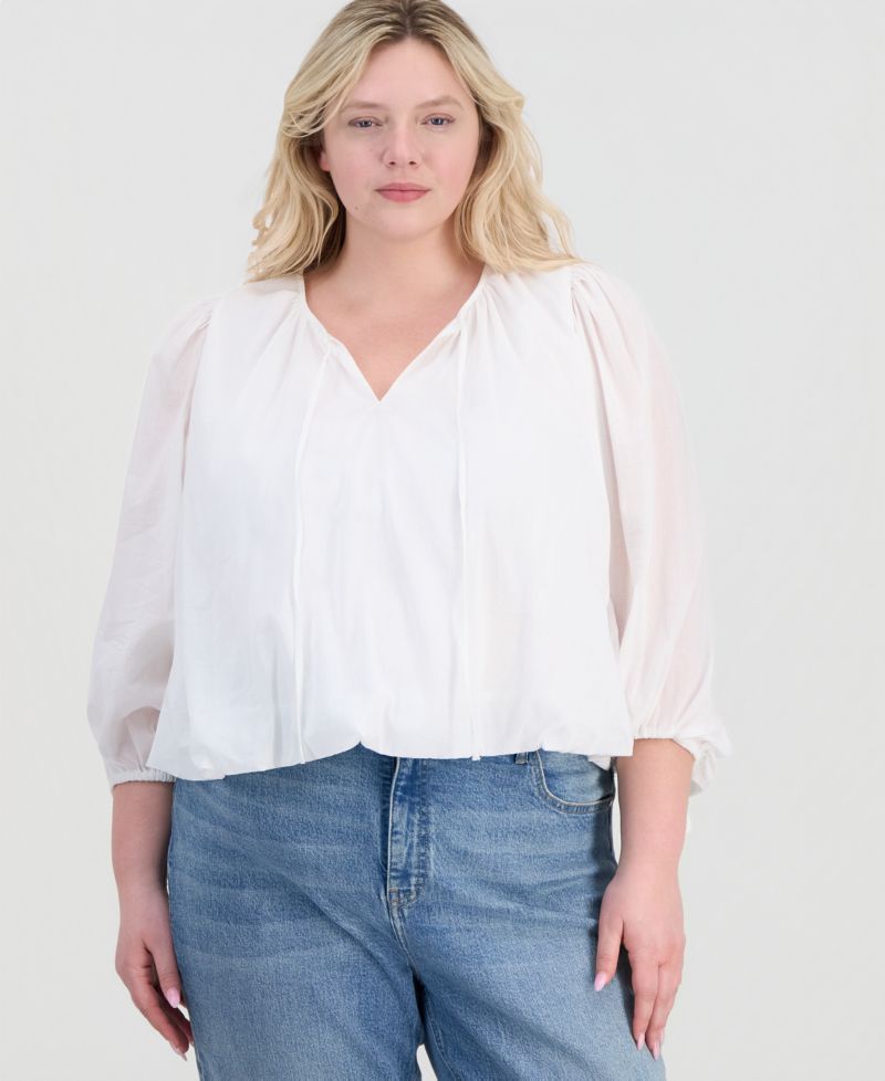 Plus Size Tie-Front Cotton Blouse