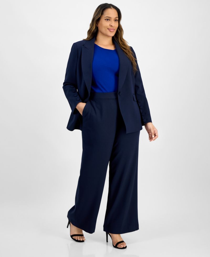 Plus Size Single-Button Crepe Blazer & Wide-Leg Pants