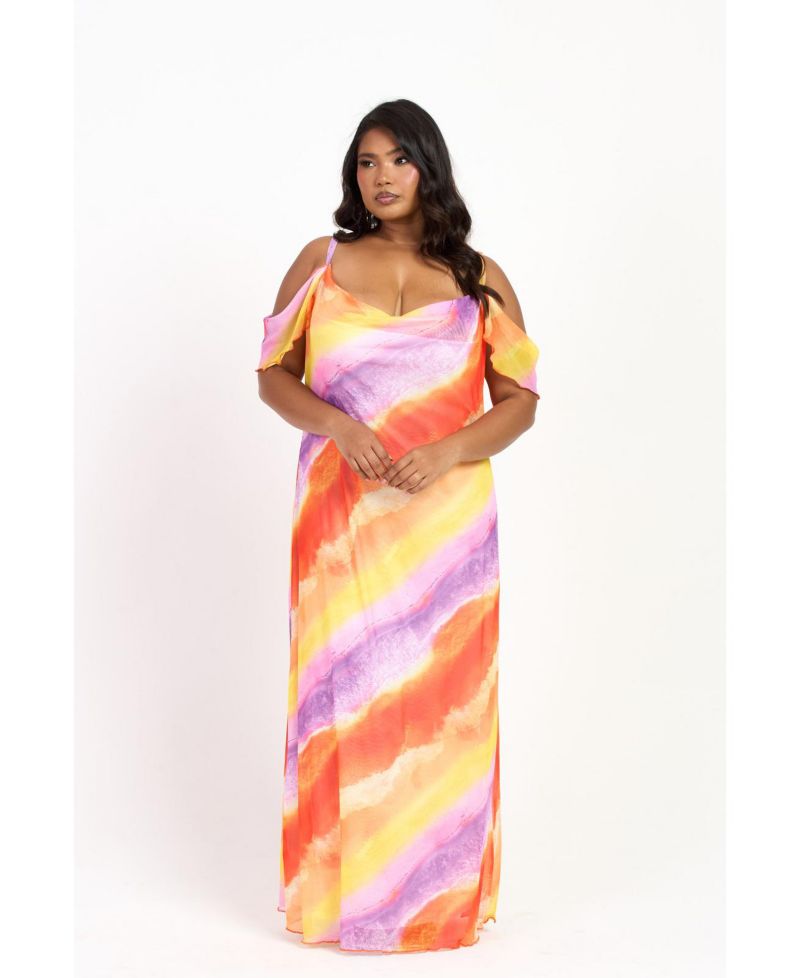 Women's Cold Shoulder Marble Print Maxi Dress