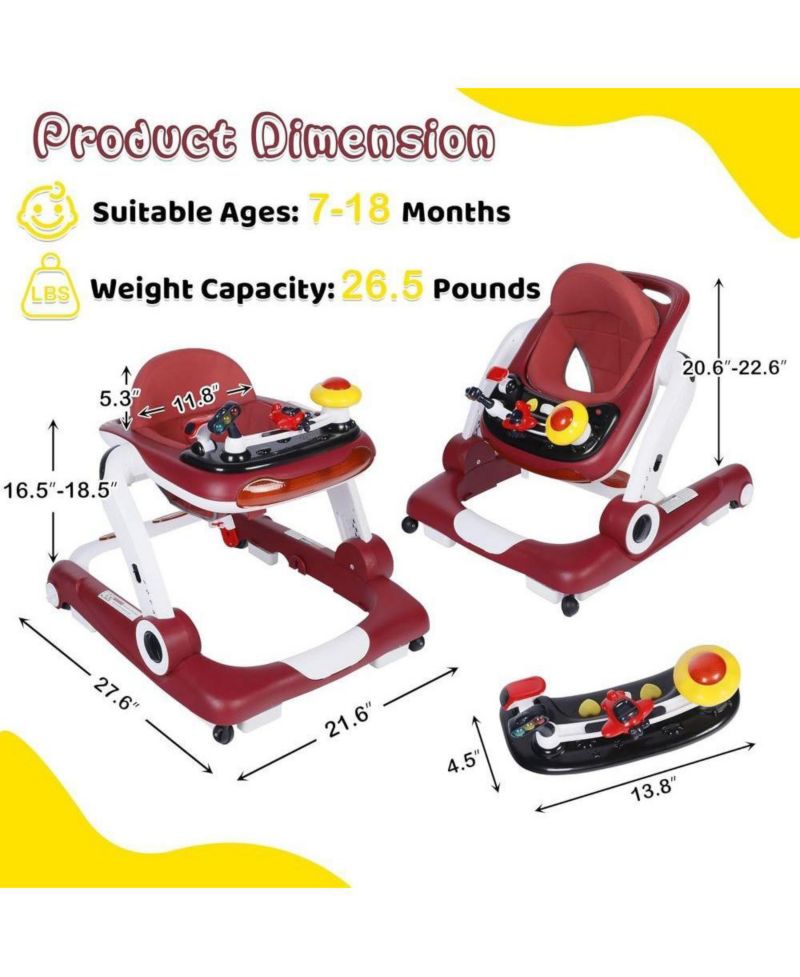 5-in-1 Baby Activity Walker with Music and Lights, Adjustable Height and Safety Bumper