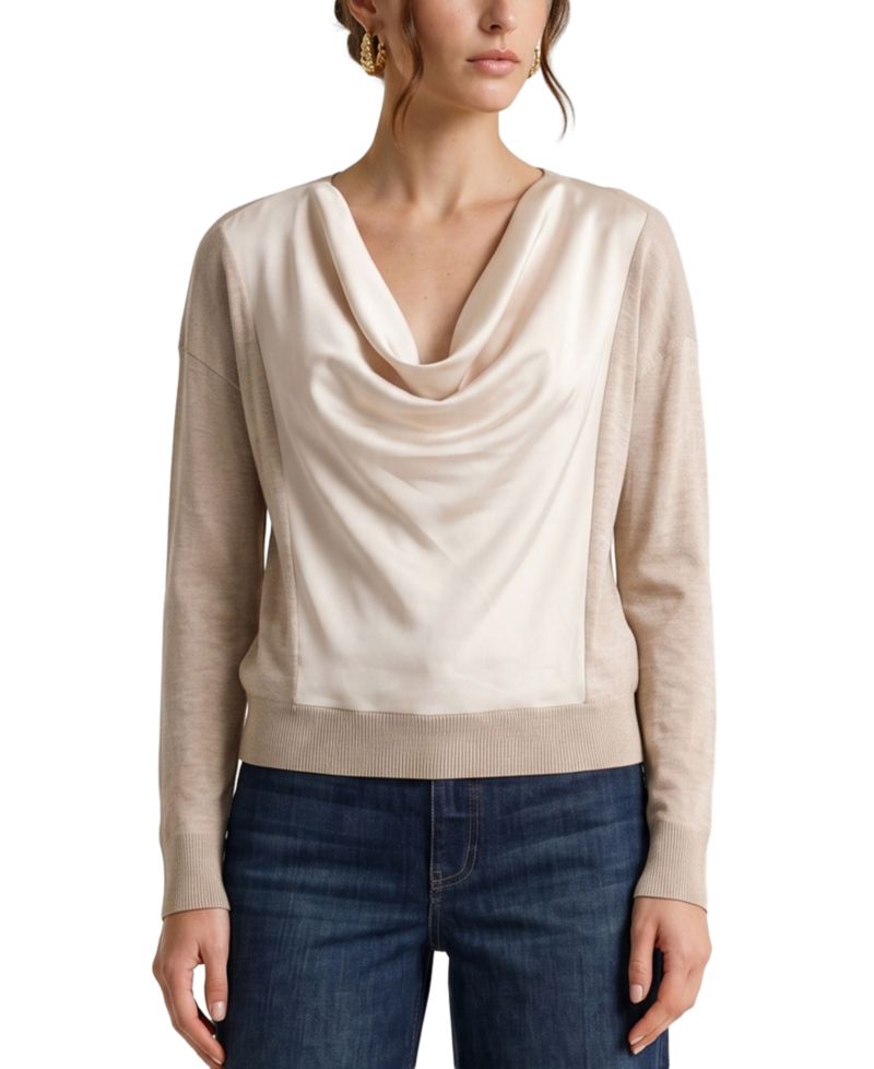 Petite Cowl Neck Long-Sleeve Satin Pullover