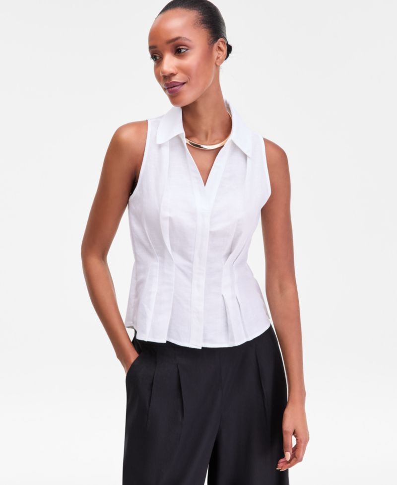 Women's Sleeveless Collared Linen Button-Down Shirt