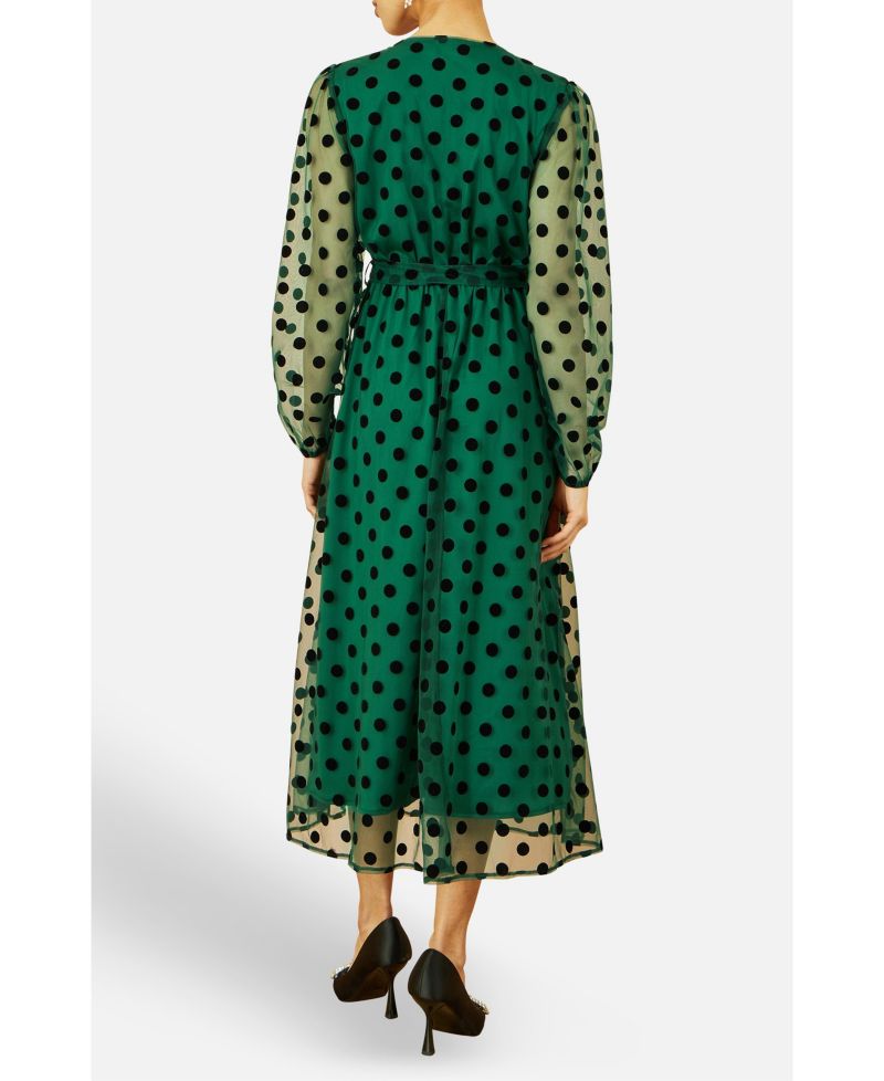 Women's Spot Mesh Wrap Midi Skater Dress